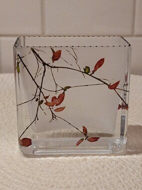 Square Frosted Glass Vase with Maple Tree Branch Design